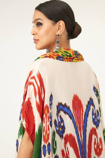 Rajdeep Ranawat_Multi Color Silk Cowl Neck Lavanya Abstract Print Draped Tunic_at_Aza_Fashions