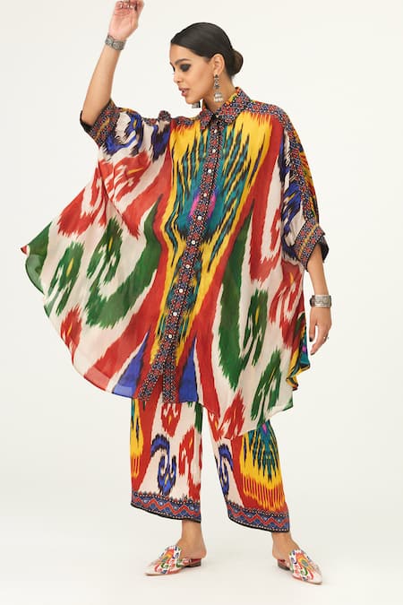 Shop_Rajdeep Ranawat_Multi Color Silk Collared Kamara Abstract Print Shirt_Online_at_Aza_Fashions