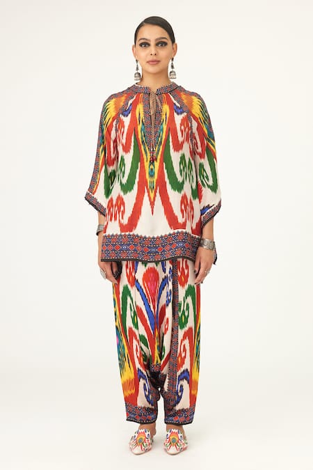 Rajdeep Ranawat_Multi Color Silk Mandarin Collar Ramona Abstract Print Short Poncho_Online_at_Aza_Fashions