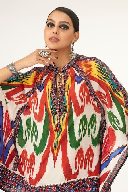 Rajdeep Ranawat_Multi Color Silk Mandarin Collar Ramona Abstract Print Short Poncho_at_Aza_Fashions