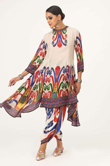 Rajdeep Ranawat Multi Color Silk Printed Abstract Round Aamilah Flared Dress  