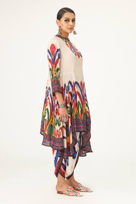 Buy_Rajdeep Ranawat_Multi Color Silk Embroidery Round Neck Aamilah Abstract Print Flared Dress_Online_at_Aza_Fashions