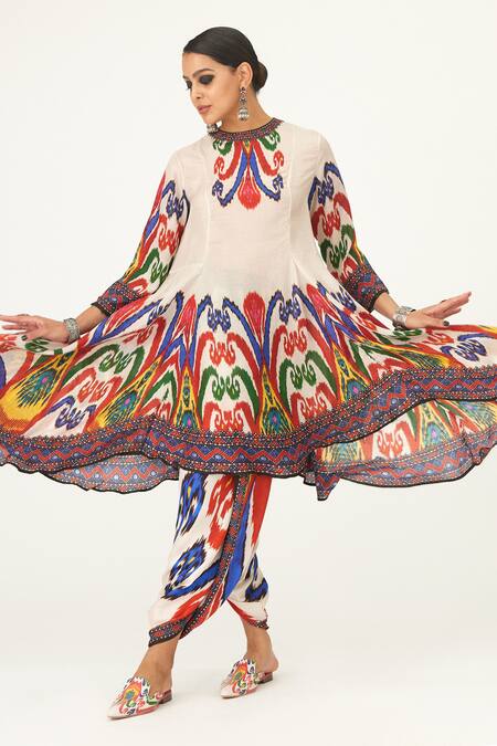 Shop_Rajdeep Ranawat_Multi Color Silk Embroidery Round Neck Aamilah Abstract Print Flared Dress_Online_at_Aza_Fashions