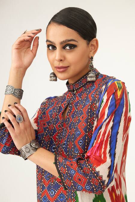 Rajdeep Ranawat_Multi Color Silk Embroidery Bandeau Neck Champa Abstract Print Kurta_at_Aza_Fashions