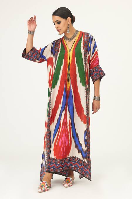 Buy Rajdeep Ranawat Multi Color Silk V-neck Banera Abstract Print Tunic Online at Aza Fashions Buy_Rajdeep Ranawat_Multi Color Silk V-neck Banera Abstract Print Tunic_Online_at_Aza_Fashions