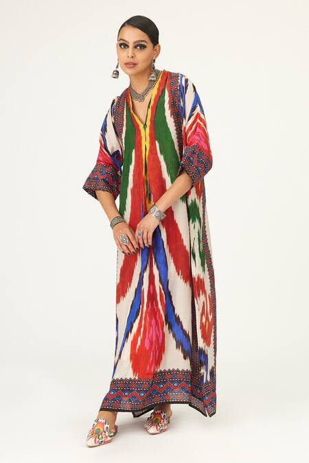 Shop Rajdeep Ranawat Multi Color Silk V-neck Banera Abstract Print Tunic Online at Aza Fashions Shop_Rajdeep Ranawat_Multi Color Silk V-neck Banera Abstract Print Tunic_Online_at_Aza_Fashions