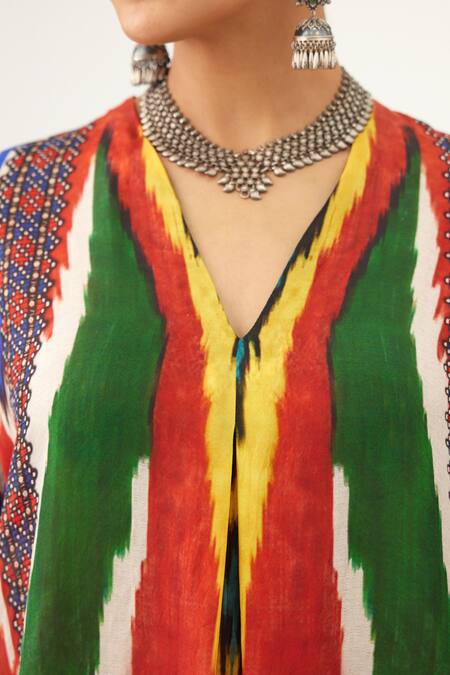 Rajdeep Ranawat Multi Color Silk V-neck Banera Abstract Print Tunic at Aza Fashions Rajdeep Ranawat_Multi Color Silk V-neck Banera Abstract Print Tunic_at_Aza_Fashions