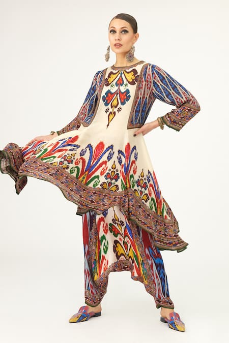 Rajdeep Ranawat Multi Color Silk Printed Abstract Round Aamilah Flared Dress  