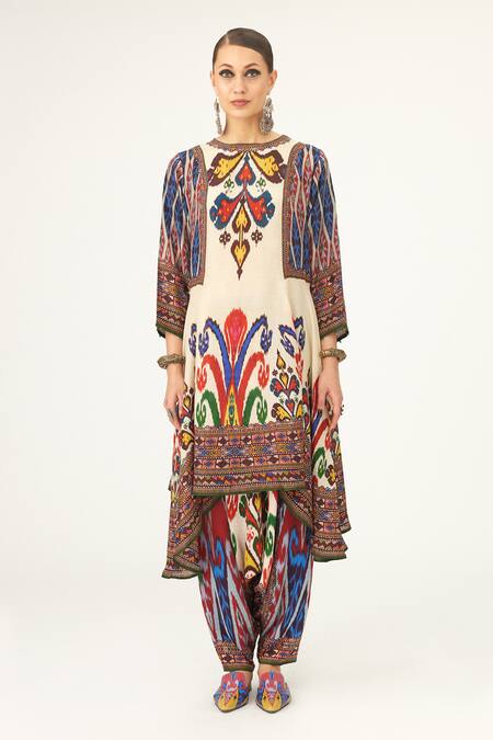 Rajdeep Ranawat_Multi Color Silk Embroidery Round Neck Aamilah Abstract Print Flared Dress_Online_at_Aza_Fashions