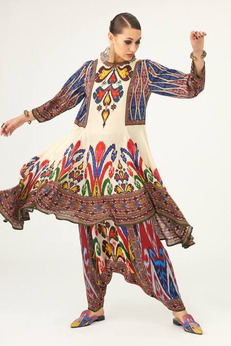 Buy_Rajdeep Ranawat_Multi Color Silk Embroidery Round Neck Aamilah Abstract Print Flared Dress_Online_at_Aza_Fashions