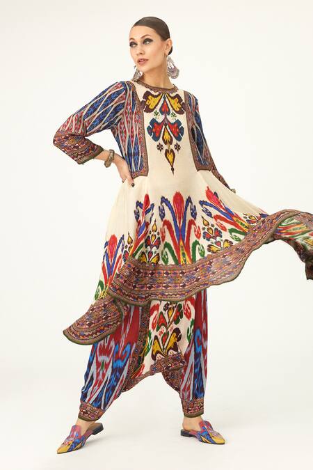 Shop_Rajdeep Ranawat_Multi Color Silk Embroidery Round Neck Aamilah Abstract Print Flared Dress_Online_at_Aza_Fashions