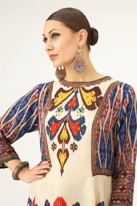 Rajdeep Ranawat_Multi Color Silk Embroidery Round Neck Aamilah Abstract Print Flared Dress_at_Aza_Fashions