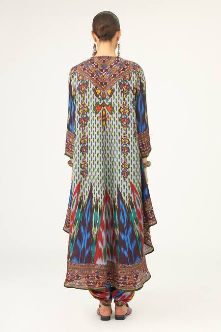 Shop Rajdeep Ranawat Multi Color Silk V-neck Aarvi Abstract Print Asymmetric Tunic at Aza Fashions Shop_Rajdeep Ranawat_Multi Color Silk V-neck Aarvi Abstract Print Asymmetric Tunic_at_Aza_Fashions