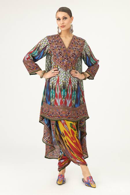 Shop Rajdeep Ranawat Multi Color Silk V-neck Aarvi Abstract Print Asymmetric Tunic Online at Aza Fashions Shop_Rajdeep Ranawat_Multi Color Silk V-neck Aarvi Abstract Print Asymmetric Tunic_Online_at_Aza_Fashions