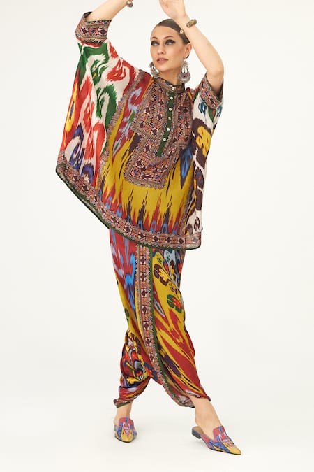 Shop_Rajdeep Ranawat_Multi Color Silk Round Neck Chanel Abstract Print Tunic _Online_at_Aza_Fashions