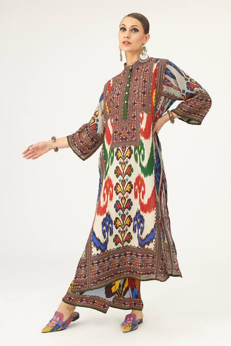Shop Rajdeep Ranawat Multi Color Silk Round Neck Ghazala Abstract Print Tunic Online at Aza Fashions Shop_Rajdeep Ranawat_Multi Color Silk Round Neck Ghazala Abstract Print Tunic_Online_at_Aza_Fashions