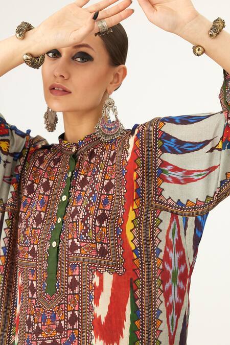 Rajdeep Ranawat Multi Color Silk Round Neck Ghazala Abstract Print Tunic at Aza Fashions Rajdeep Ranawat_Multi Color Silk Round Neck Ghazala Abstract Print Tunic_at_Aza_Fashions