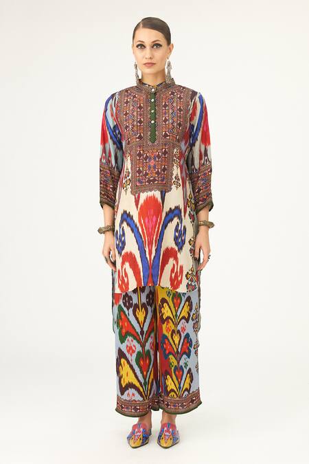Rajdeep Ranawat_Multi Color Silk Round Neck Baaka Abstract Print Tunic_Online_at_Aza_Fashions