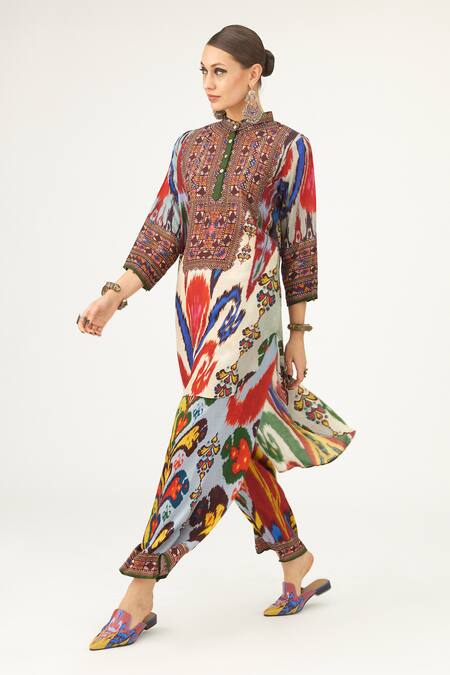 Shop_Rajdeep Ranawat_Multi Color Silk Round Neck Baaka Abstract Print Tunic_Online_at_Aza_Fashions
