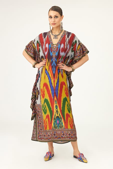 Rajdeep Ranawat Multi Color Silk Print Abstract V Neck Sharifa Kaftan  