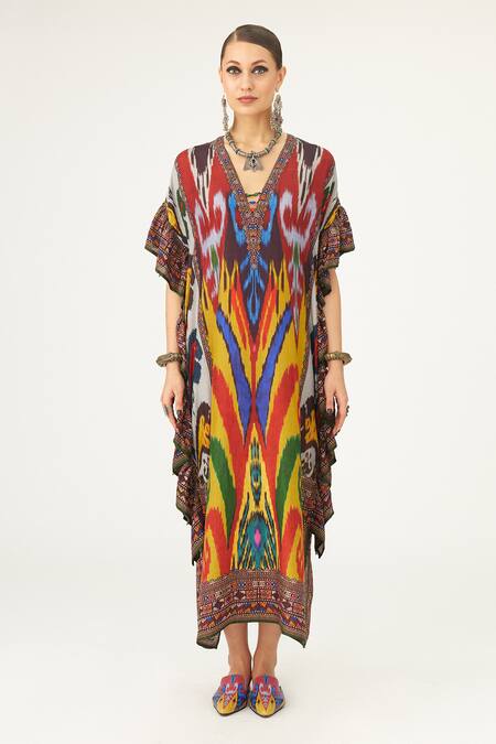 Rajdeep Ranawat_Multi Color Silk V-neck Sharifa Abstract Print Kaftan_Online_at_Aza_Fashions