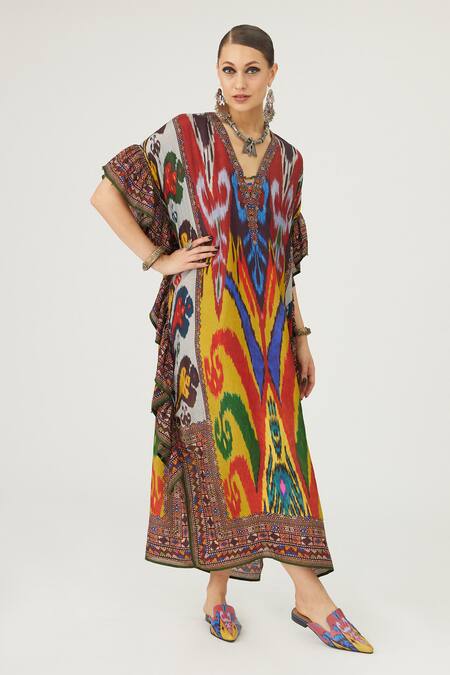 Buy_Rajdeep Ranawat_Multi Color Silk V-neck Sharifa Abstract Print Kaftan_Online_at_Aza_Fashions
