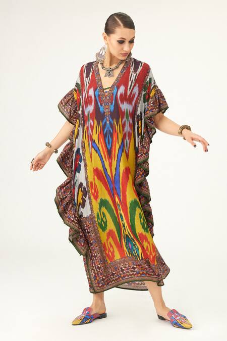 Shop_Rajdeep Ranawat_Multi Color Silk V-neck Sharifa Abstract Print Kaftan_Online_at_Aza_Fashions
