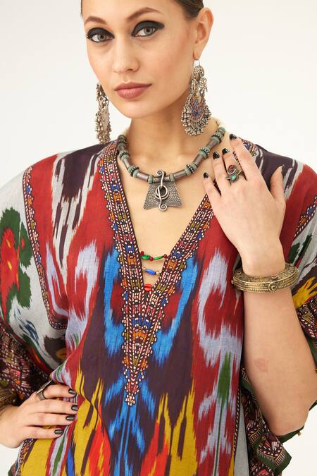 Rajdeep Ranawat_Multi Color Silk V-neck Sharifa Abstract Print Kaftan_at_Aza_Fashions