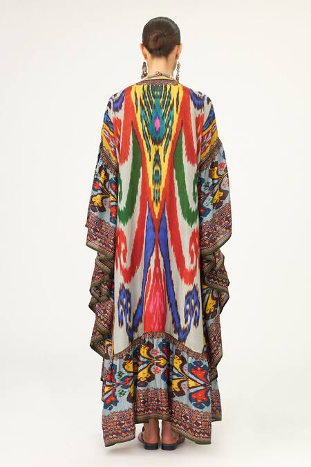 Shop Rajdeep Ranawat Multi Color Silk V-neck Farida Abstract Print Kaftan at Aza Fashions Shop_Rajdeep Ranawat_Multi Color Silk V-neck Farida Abstract Print Kaftan_at_Aza_Fashions