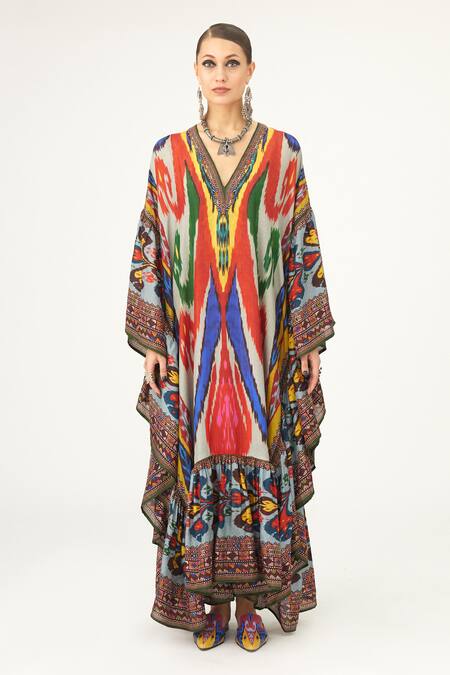 Rajdeep Ranawat Multi Color Silk V-neck Farida Abstract Print Kaftan Online at Aza Fashions Rajdeep Ranawat_Multi Color Silk V-neck Farida Abstract Print Kaftan_Online_at_Aza_Fashions