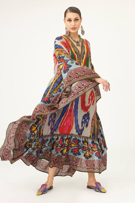 Buy Rajdeep Ranawat Multi Color Silk V-neck Farida Abstract Print Kaftan Online at Aza Fashions Buy_Rajdeep Ranawat_Multi Color Silk V-neck Farida Abstract Print Kaftan_Online_at_Aza_Fashions