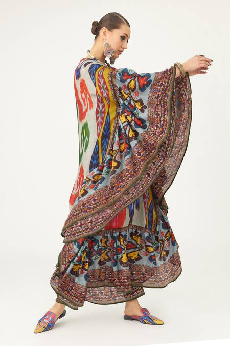 Shop Rajdeep Ranawat Multi Color Silk V-neck Farida Abstract Print Kaftan Online at Aza Fashions Shop_Rajdeep Ranawat_Multi Color Silk V-neck Farida Abstract Print Kaftan_Online_at_Aza_Fashions