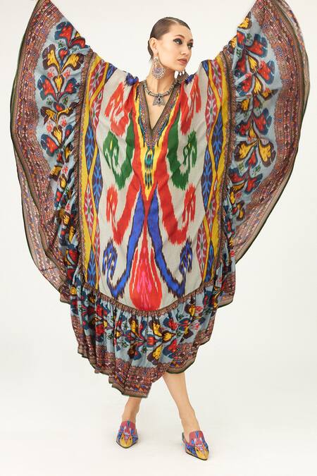 Rajdeep Ranawat Multi Color Silk V-neck Farida Abstract Print Kaftan at Aza Fashions Rajdeep Ranawat_Multi Color Silk V-neck Farida Abstract Print Kaftan_at_Aza_Fashions