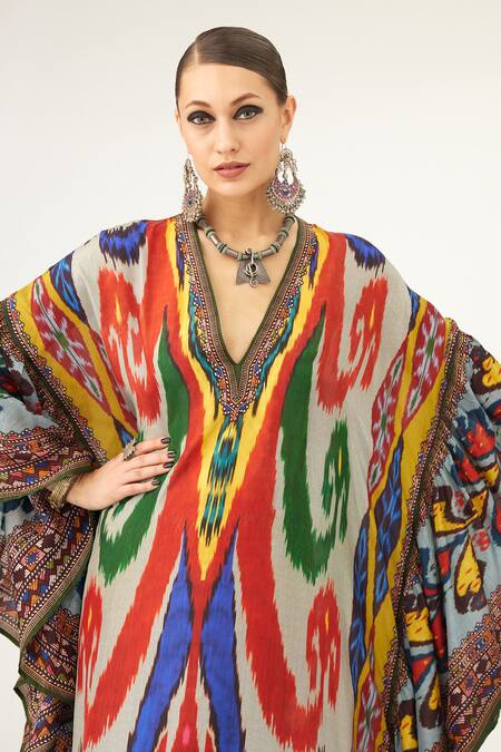 Buy Rajdeep Ranawat Multi Color Silk V-neck Farida Abstract Print Kaftan Buy_Rajdeep Ranawat_Multi Color Silk V-neck Farida Abstract Print Kaftan