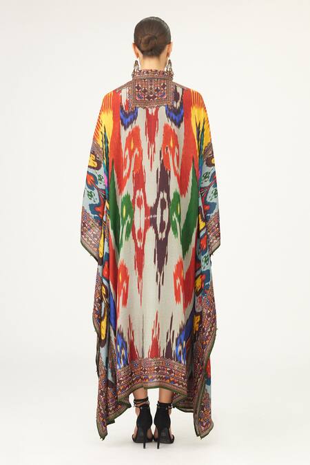 Shop Rajdeep Ranawat Multi Color Silk Collared Gudiya Abstract Print Kaftan at Aza Fashions Shop_Rajdeep Ranawat_Multi Color Silk Collared Gudiya Abstract Print Kaftan_at_Aza_Fashions