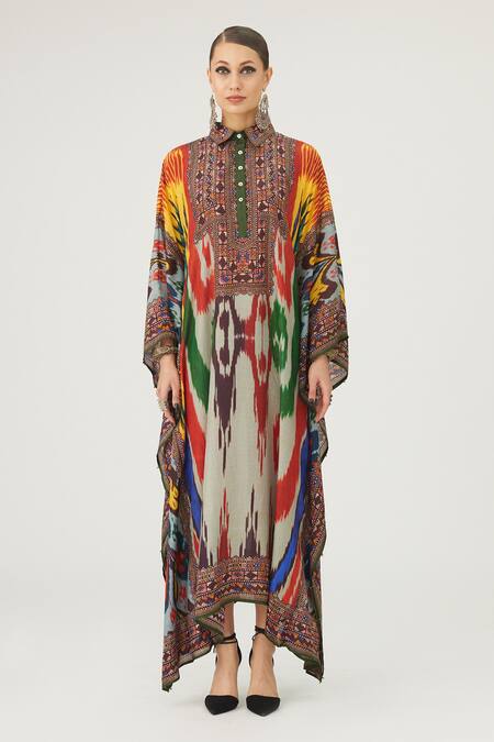Rajdeep Ranawat Multi Color Silk Collared Gudiya Abstract Print Kaftan Online at Aza Fashions Rajdeep Ranawat_Multi Color Silk Collared Gudiya Abstract Print Kaftan_Online_at_Aza_Fashions
