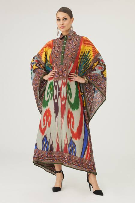 Buy Rajdeep Ranawat Multi Color Silk Collared Gudiya Abstract Print Kaftan Online at Aza Fashions Buy_Rajdeep Ranawat_Multi Color Silk Collared Gudiya Abstract Print Kaftan_Online_at_Aza_Fashions