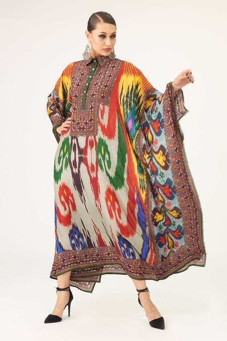 Shop Rajdeep Ranawat Multi Color Silk Collared Gudiya Abstract Print Kaftan Online at Aza Fashions Shop_Rajdeep Ranawat_Multi Color Silk Collared Gudiya Abstract Print Kaftan_Online_at_Aza_Fashions