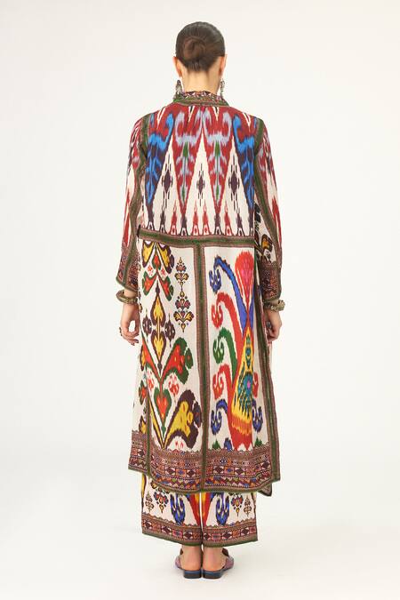 Shop Rajdeep Ranawat Multi Color Silk Collared Ursula Abstract Print Jacket at Aza Fashions Shop_Rajdeep Ranawat_Multi Color Silk Collared Ursula Abstract Print Jacket_at_Aza_Fashions