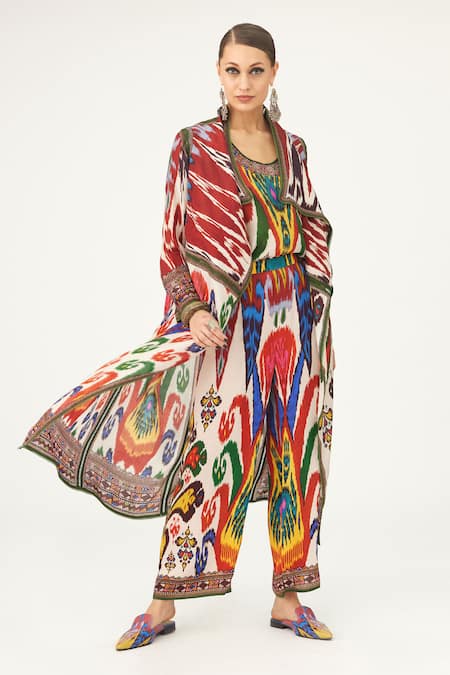 Shop Rajdeep Ranawat Multi Color Silk Collared Ursula Abstract Print Jacket Online at Aza Fashions Shop_Rajdeep Ranawat_Multi Color Silk Collared Ursula Abstract Print Jacket_Online_at_Aza_Fashions