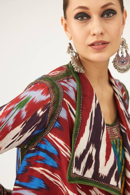 Rajdeep Ranawat Multi Color Silk Collared Ursula Abstract Print Jacket at Aza Fashions Rajdeep Ranawat_Multi Color Silk Collared Ursula Abstract Print Jacket_at_Aza_Fashions