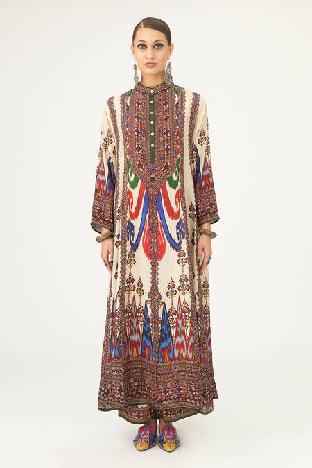 Rajdeep Ranawat_Multi Color Silk Embroidery Collared Ada Abstract Print Anarkali_Online_at_Aza_Fashions