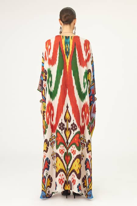 Shop Rajdeep Ranawat Multi Color Silk V-neck Imama Abstract Print Kaftan at Aza Fashions Shop_Rajdeep Ranawat_Multi Color Silk V-neck Imama Abstract Print Kaftan_at_Aza_Fashions