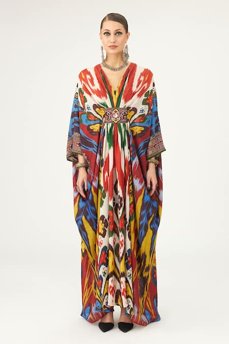 Rajdeep Ranawat Multi Color Silk V-neck Imama Abstract Print Kaftan Online at Aza Fashions Rajdeep Ranawat_Multi Color Silk V-neck Imama Abstract Print Kaftan_Online_at_Aza_Fashions