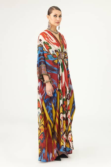 Buy Rajdeep Ranawat Multi Color Silk V-neck Imama Abstract Print Kaftan Online at Aza Fashions Buy_Rajdeep Ranawat_Multi Color Silk V-neck Imama Abstract Print Kaftan_Online_at_Aza_Fashions