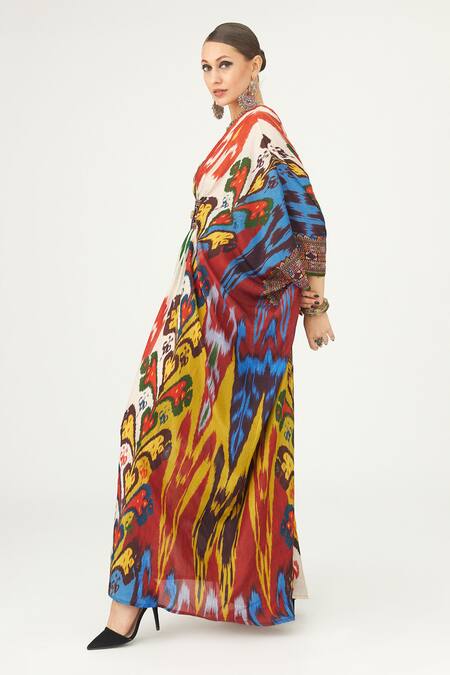 Shop Rajdeep Ranawat Multi Color Silk V-neck Imama Abstract Print Kaftan Online at Aza Fashions Shop_Rajdeep Ranawat_Multi Color Silk V-neck Imama Abstract Print Kaftan_Online_at_Aza_Fashions