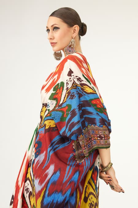 Rajdeep Ranawat Multi Color Silk V-neck Imama Abstract Print Kaftan at Aza Fashions Rajdeep Ranawat_Multi Color Silk V-neck Imama Abstract Print Kaftan_at_Aza_Fashions