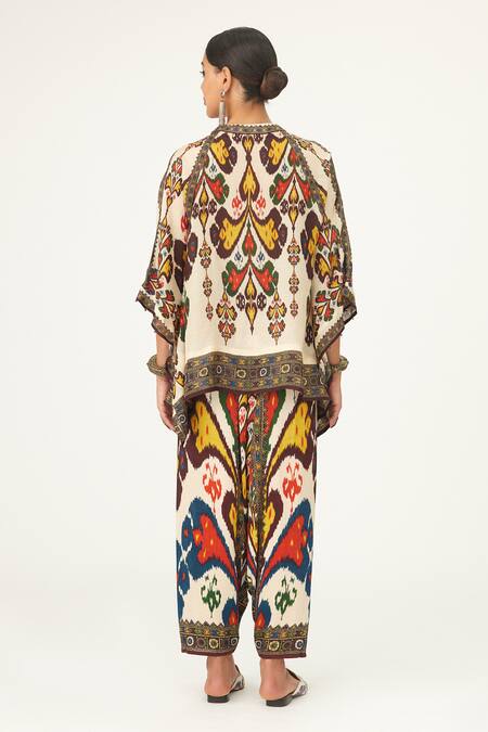 Shop Rajdeep Ranawat Beige Satin Maimouna Abstract Print Turkish Pant at Aza Fashions Shop_Rajdeep Ranawat_Beige Satin Maimouna Abstract Print Turkish Pant_at_Aza_Fashions