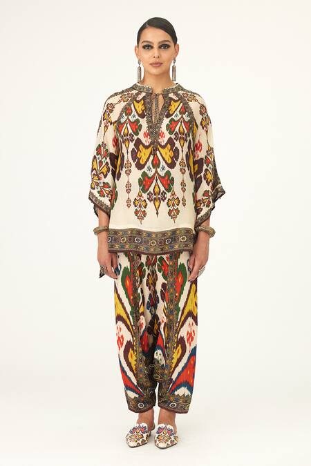 Rajdeep Ranawat Beige Satin Maimouna Abstract Print Turkish Pant Online at Aza Fashions Rajdeep Ranawat_Beige Satin Maimouna Abstract Print Turkish Pant_Online_at_Aza_Fashions