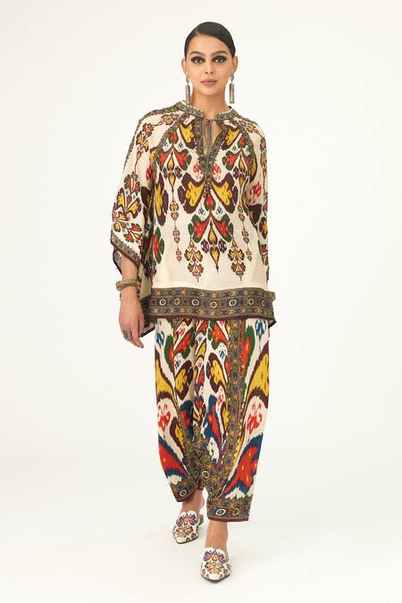 Buy Rajdeep Ranawat Beige Satin Maimouna Abstract Print Turkish Pant Online at Aza Fashions Buy_Rajdeep Ranawat_Beige Satin Maimouna Abstract Print Turkish Pant_Online_at_Aza_Fashions